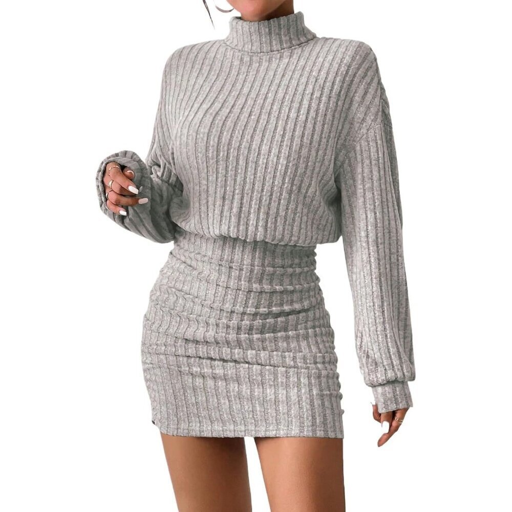 Women Taupe Long Sleeve Turtle Neck Cute Ribbed Knit Pullover Sweater